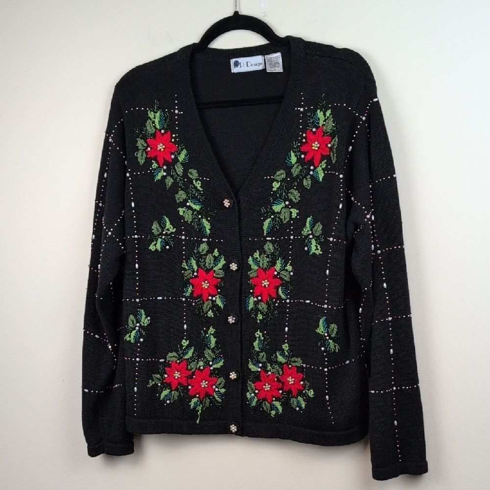 B P Designs Black Floral Embroidered Beaded Holiday Cardigan Sweater Vintage